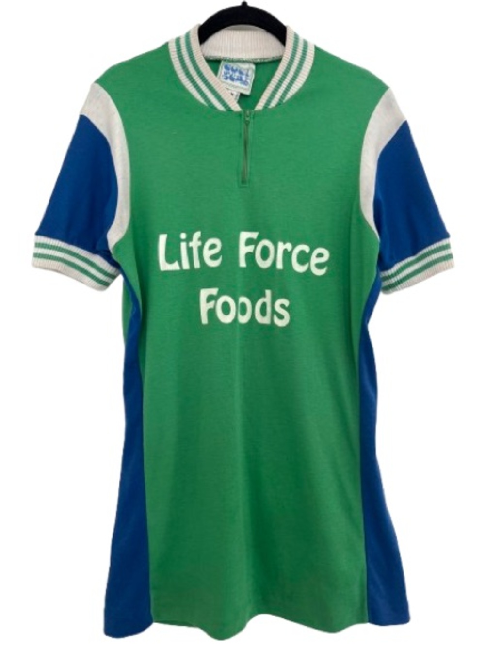 Vintage Cool Gear Cycling Jersey Green Blue Stripe Life Force Foods Retro